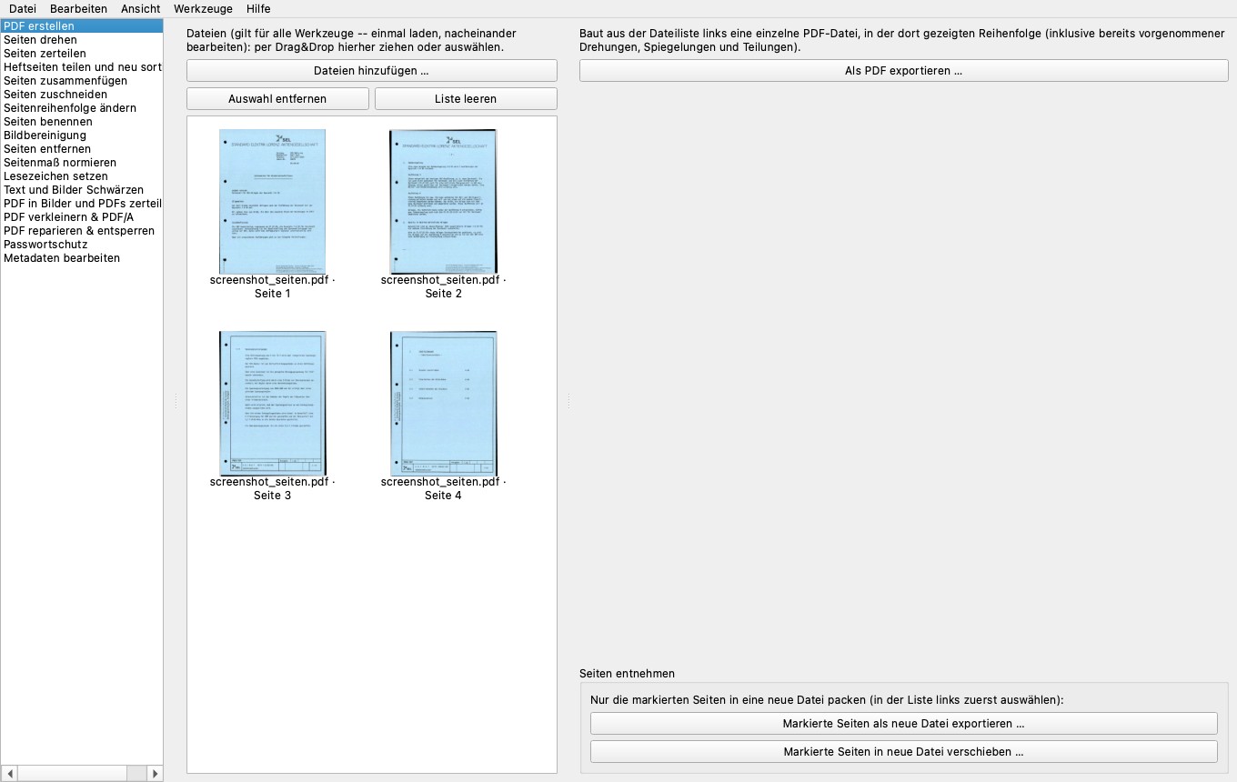 Fenster des Werkzeugs „PDF erstellen“ mit vier geladenen Scans in der Dateiliste