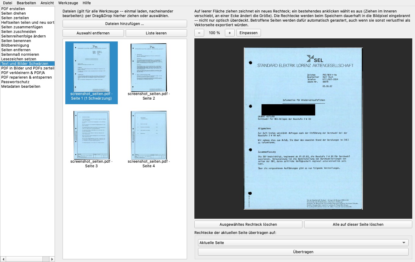Schwärzen-Werkzeug mit einem gezeichneten schwarzen Rechteck über Textzeilen, blau markiert als ausgewählt