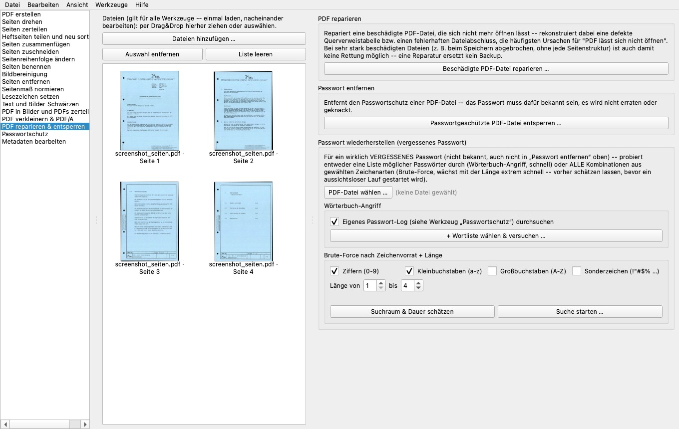 Werkzeug PDF reparieren & entsperren mit den drei Abschnitten Reparieren, Passwort entfernen und Passwort wiederherstellen