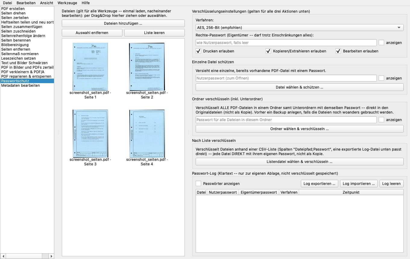 Werkzeug Passwortschutz mit Verschlüsselungseinstellungen, den drei Verschlüsselungs-Aktionen und dem Passwort-Log
