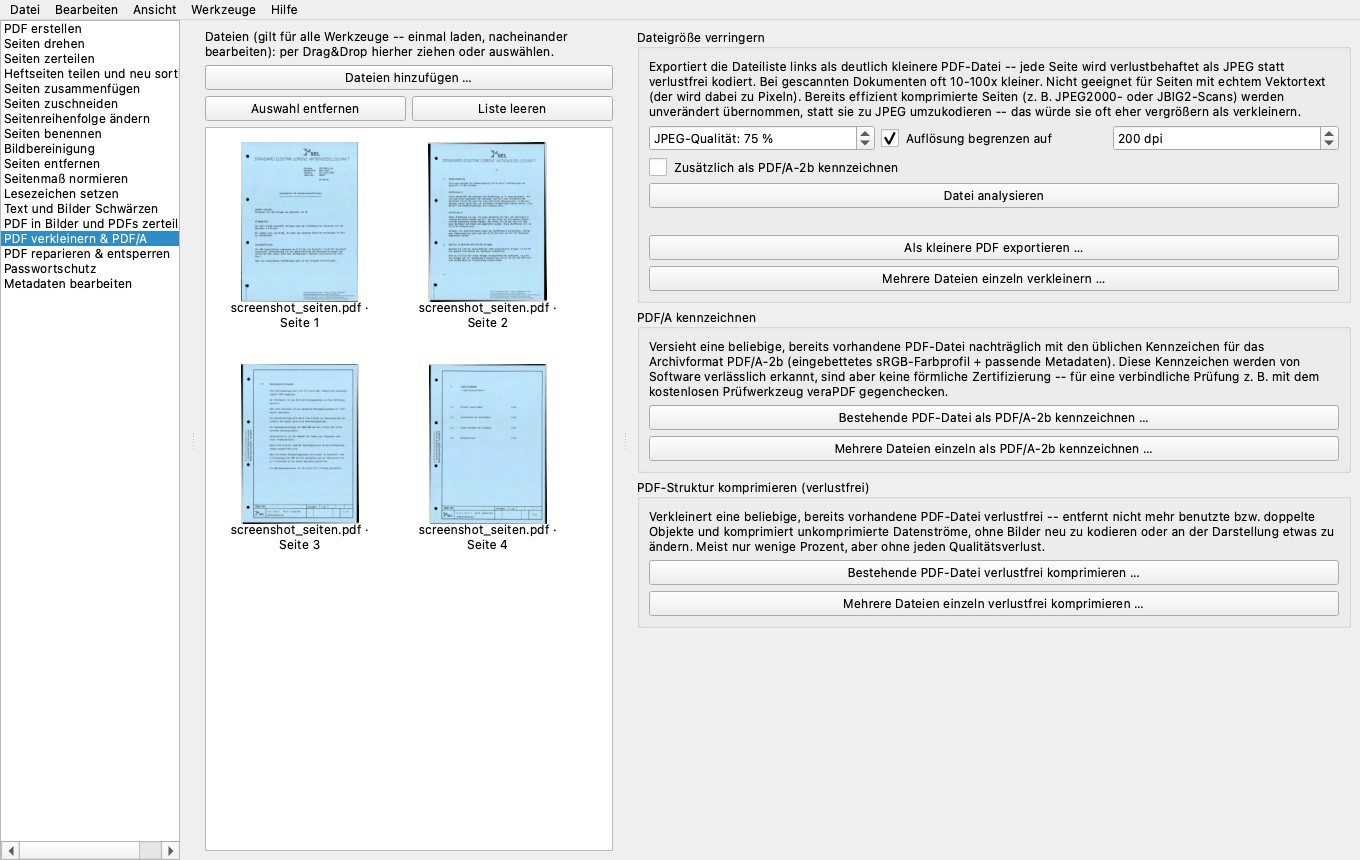 Werkzeug PDF verkleinern & PDF/A mit den drei Abschnitten Dateigröße verringern, PDF/A kennzeichnen und Struktur komprimieren
