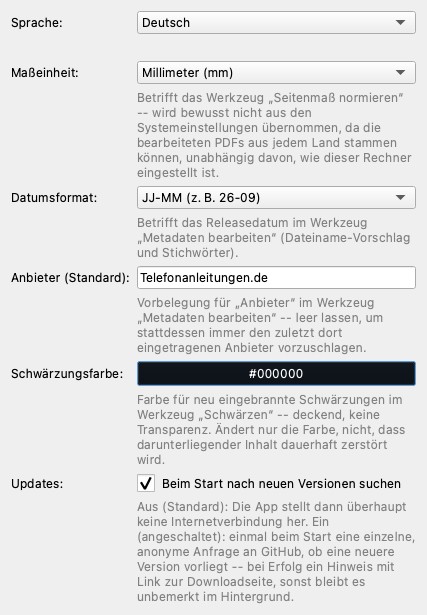 Einstellungen-Dialog mit den Auswahlfeldern Sprache und Maßeinheit