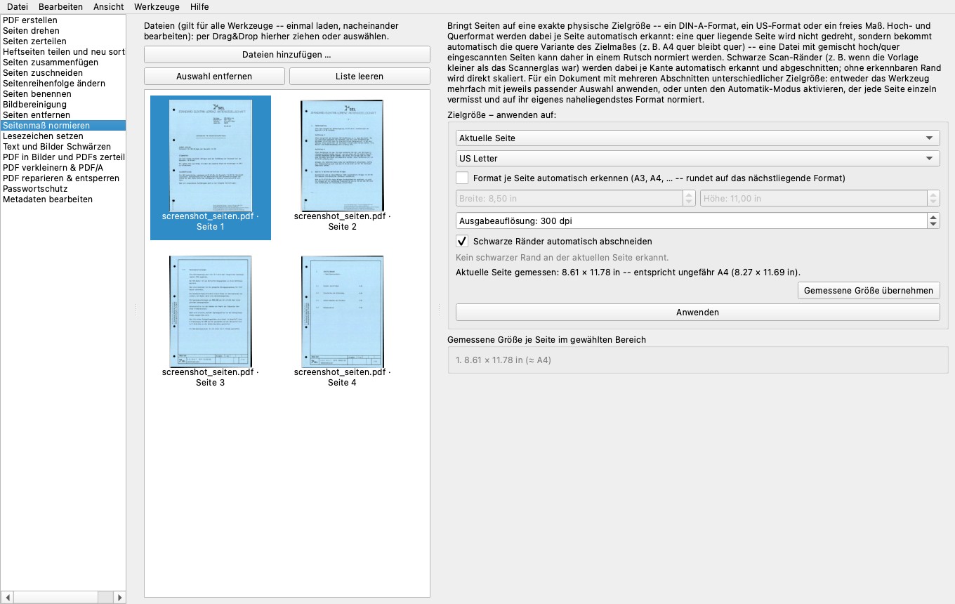 Seitenmaß-normieren-Werkzeug mit Format „US Letter“ und Maßeinheit „Zoll“ eingestellt