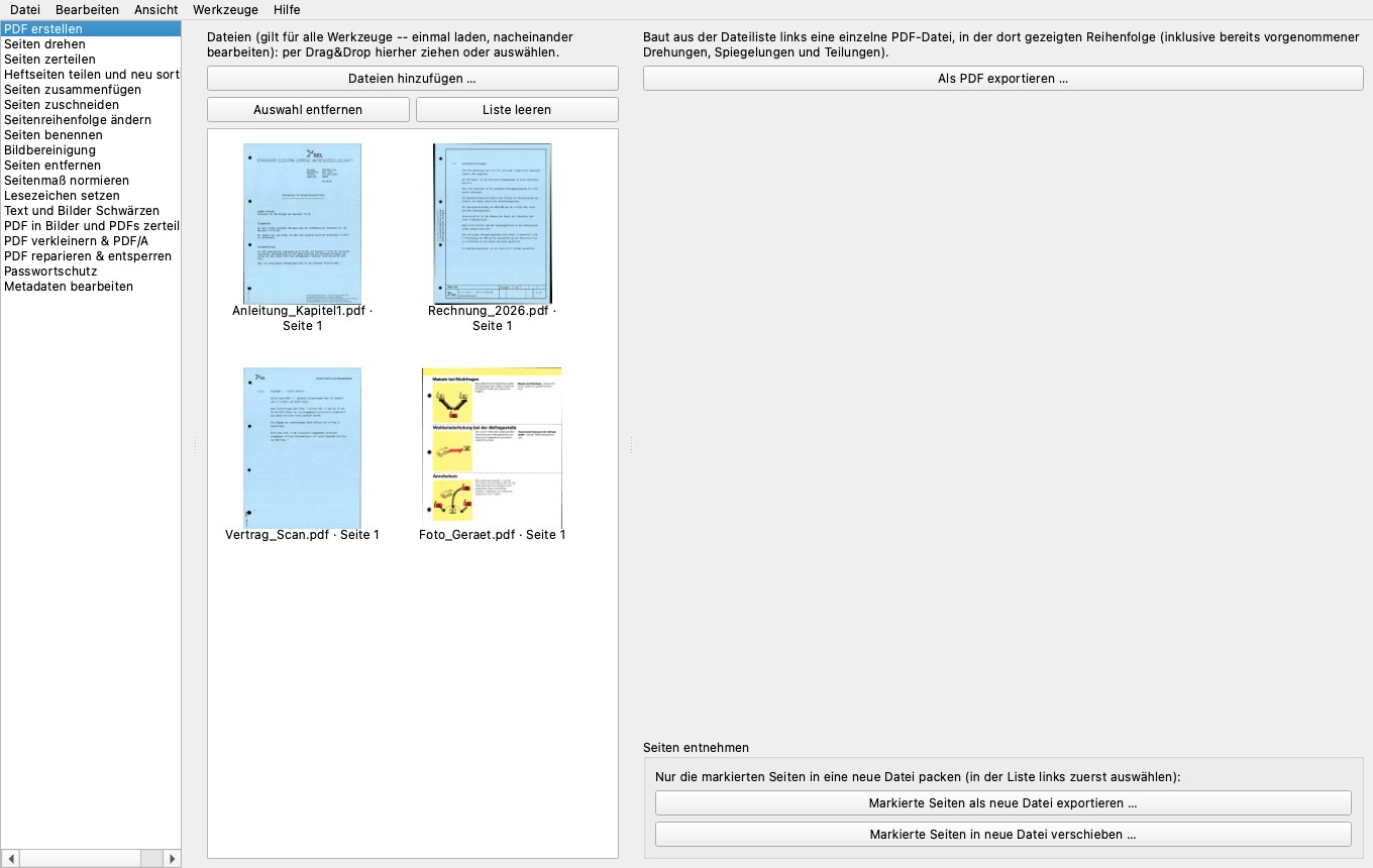 Mathias' kleines PDF-Werkzeug -- Programmfenster mit Dateiliste
